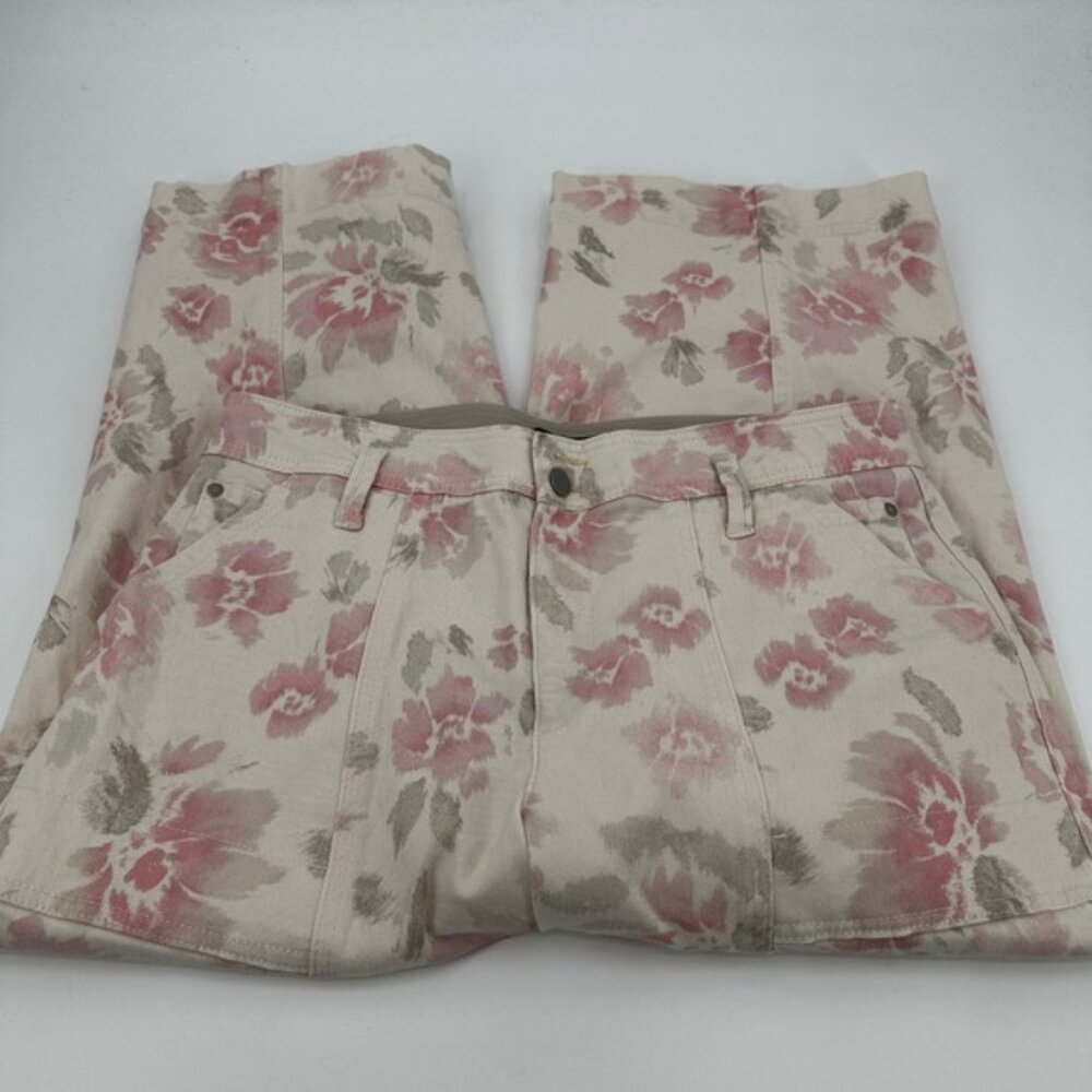 Democracy Absolution Floral Cargo Cropped Pants Pink Cream Size 14 Stretch Denim - Picture 2 of 11